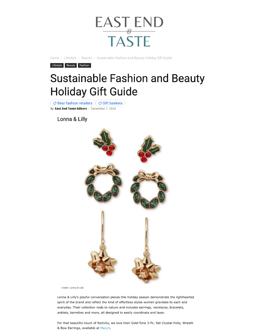 Editorial of East End Taste: Sustainable Fashion and Beauty Holiday Gift Guide featuring Lonna & Lilly