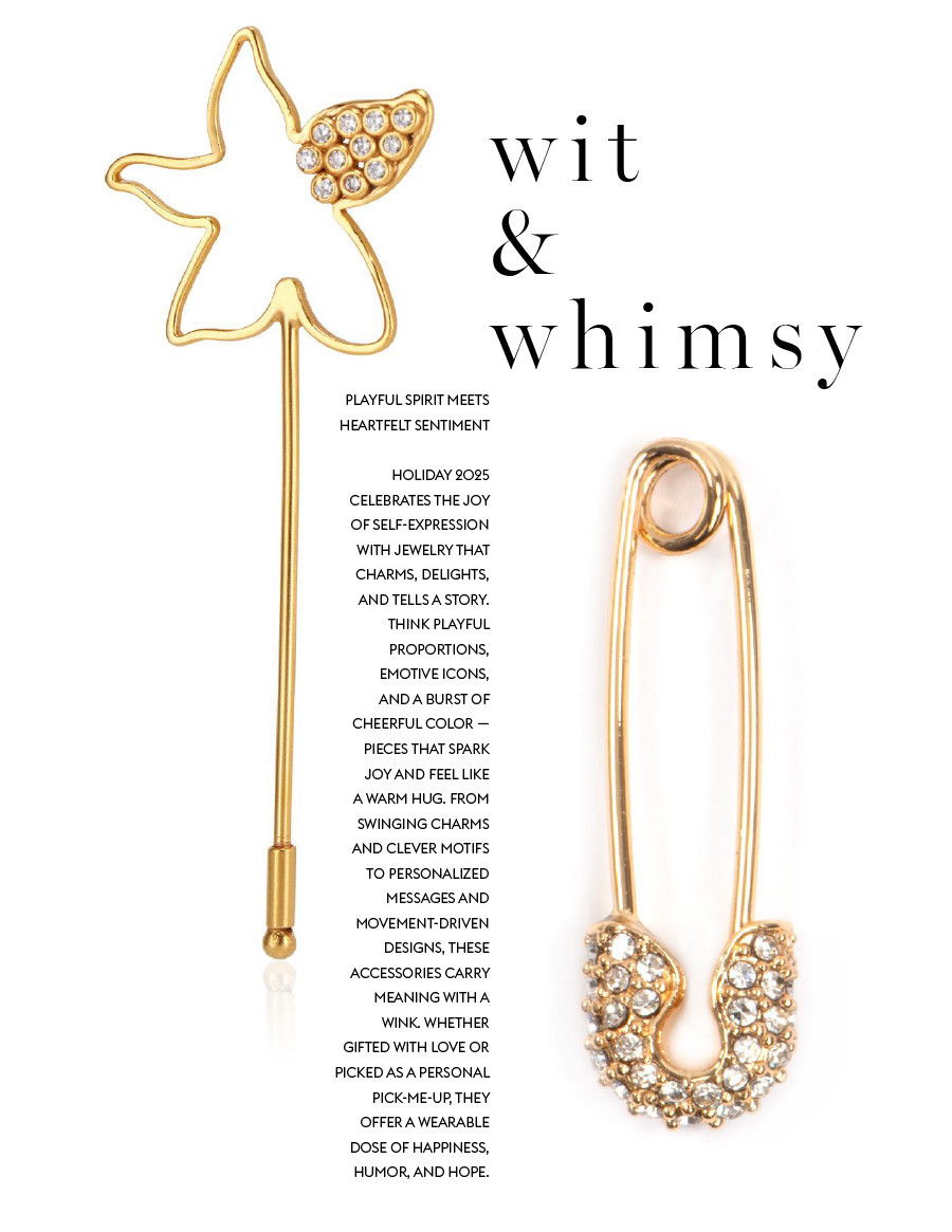Editorial of AC Magazine: The Jewelry Issue Summer 2025, Featuring Anne Klein Gummy Bears Pin and Emily in Paris Camera Pendant Necklace and Karl Lagerfeld Paris Safety Pin Earrings