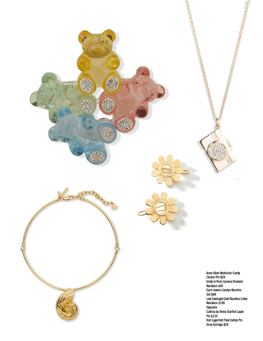 Editorial of AC Magazine: The Jewelry Issue Summer 2025, Featuring Anne Klein Gummy Bears Pin and Emily in Paris Camera Pendant Necklace and Karl Lagerfeld Paris Safety Pin Earrings