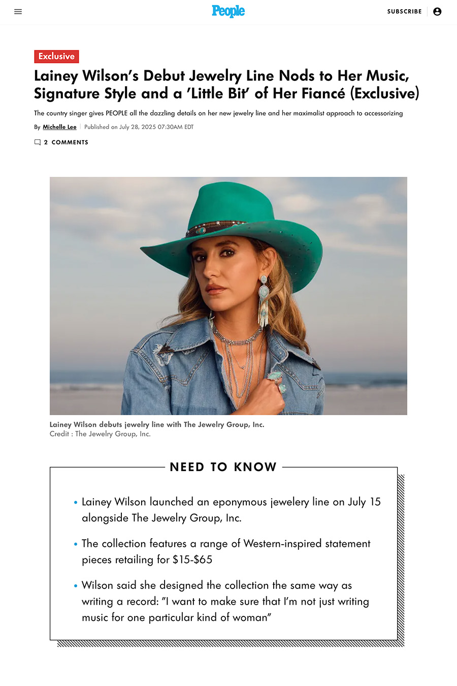 Editorial of People Magazine: Lainey Wilson's Debut Jewelry Line Nods to Her Music, Signature Style and a 'Little Bit' of Her Fiancé (Exclusive)