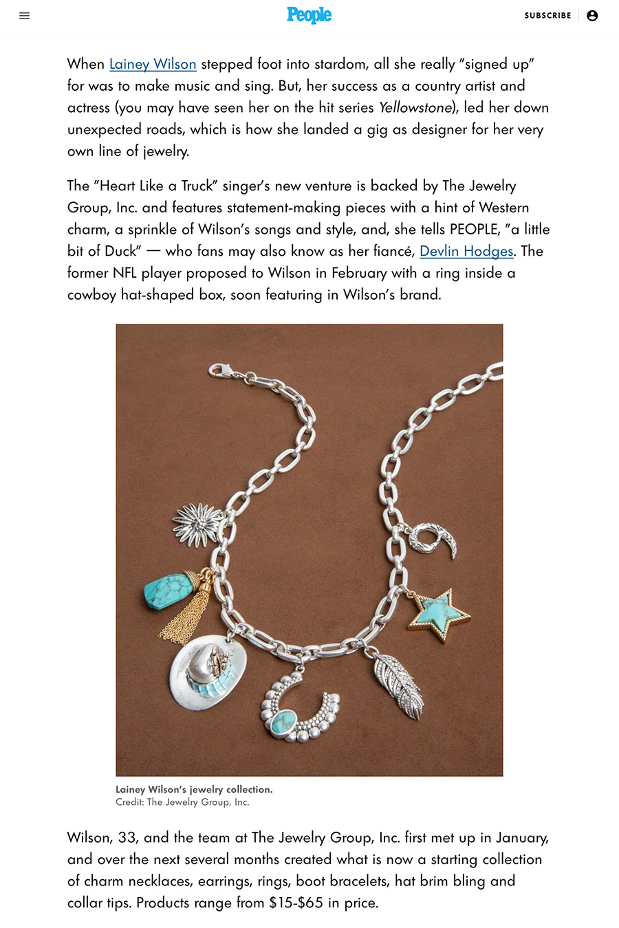 Editorial of People Magazine: Lainey Wilson's Debut Jewelry Line Nods to Her Music, Signature Style and a 'Little Bit' of Her Fiancé (Exclusive)