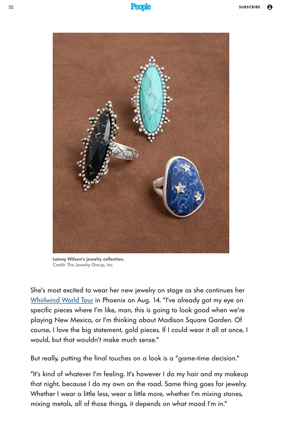 Editorial of People Magazine: Lainey Wilson's Debut Jewelry Line Nods to Her Music, Signature Style and a 'Little Bit' of Her Fiancé (Exclusive)