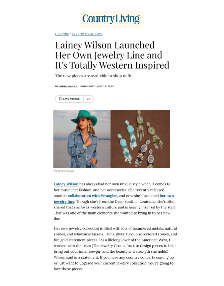 Editorial of Country Living: Lainey Wilson Launched Her Own Jewelry Line and It's Totally Western Inspired