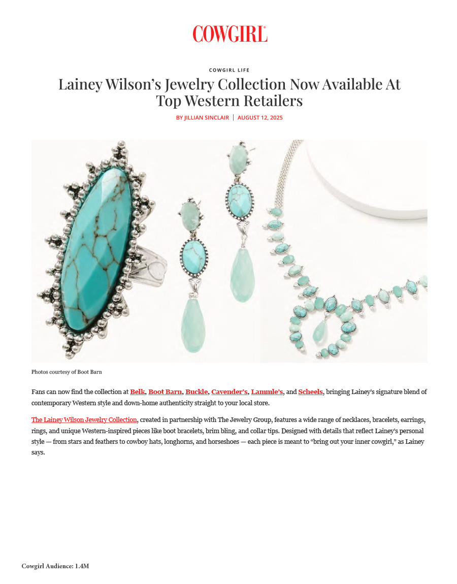 Editorial of Cowgirl Magazine: Lainey Wilson’s Jewelry Collection Now Available At Top Western Retailers